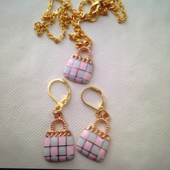 Pink Plaid Enamel Purse Necklace and Earrings Set - Picture 5 of 6